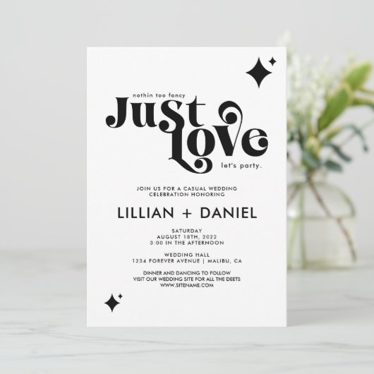 Retro Just Liebe informelle und Lässige Hochzeit Einladung (Stehend Vorderseite)