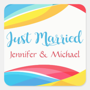 Retro-Just Married-Hochzeit-Regenbogenwelle Rot Ge Quadratischer Aufkleber