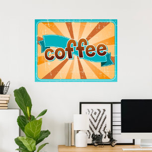 Retro-Kaffee-Typografie Teal Braun Sonnenstrahlmus Poster