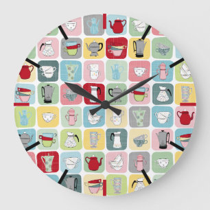 Retro-Kaffeekannen und -Tassen Muster Große Wanduhr
