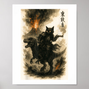 Retro Kalligrafie Katze Dinosaurier Vulkanausbruch Poster
