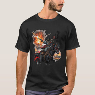 Retro-Kalligrafie-Katze-Dinosaurier-Vulkanausbruch T-Shirt