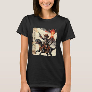 Retro-Kalligrafie-Katze-Dinosaurier-Vulkanausbruch T-Shirt