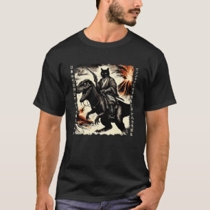 retro Kalligrafie Katze Dinosaurier Vulkanausbruch T-Shirt
