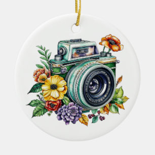 Retro-Kamera in Vintage-Blumen Weihnachten Keramik Ornament
