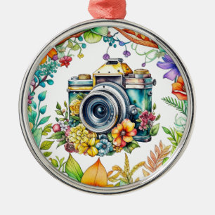 Retro-Kamera in Vintage-Blumen Weihnachten Ornament Aus Metall