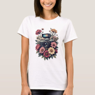 Retro-Kamera und florale Kunst T-Shirt