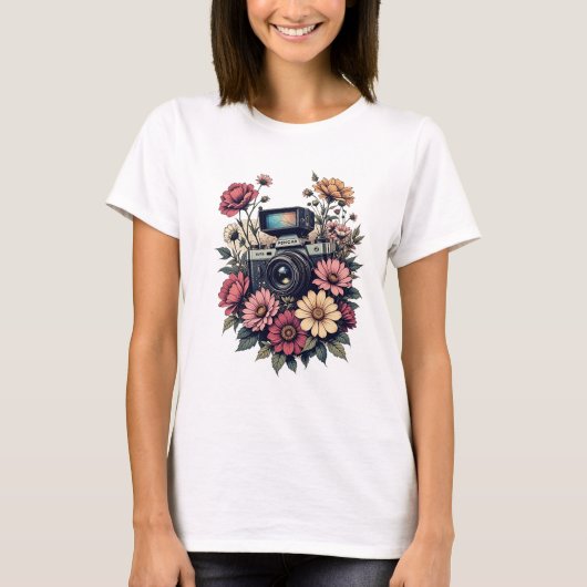 Retro-Kamera und florale Kunst T-Shirt (Vorderseite)