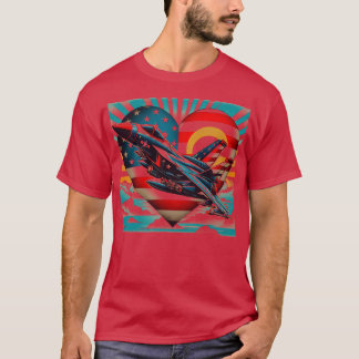 Retro-Kampfjet-Flugzeug Amerikanische Flagge Herz  T-Shirt
