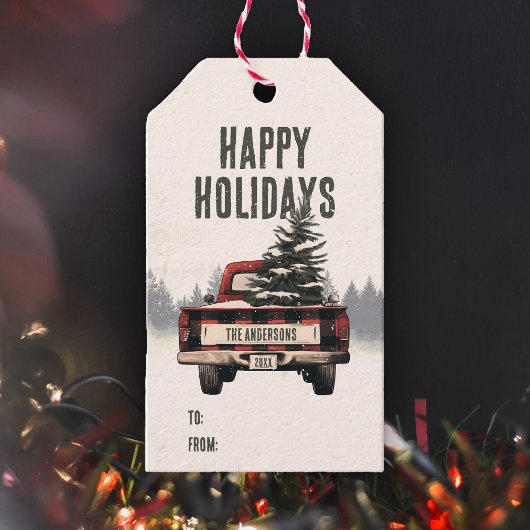 Retro Karierter Weihnachtswagen Kundenname Geschenkanhänger