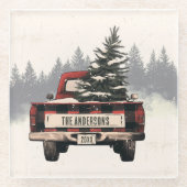 Retro Karierter Weihnachtswagen Kundenname Glasuntersetzer (Vorderseite)