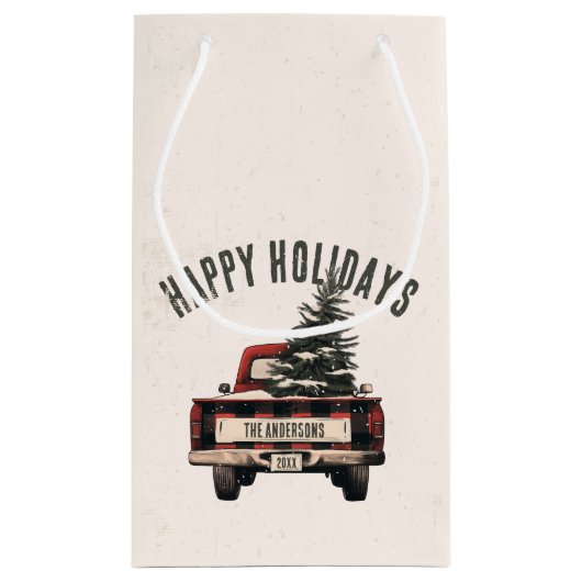 Retro Karierter Weihnachtswagen Kundenname Kleine Geschenktüte (Rückseite)