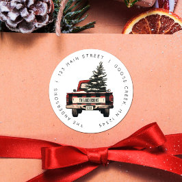 Retro Karierter Weihnachtswagen Kundenname Runder Aufkleber