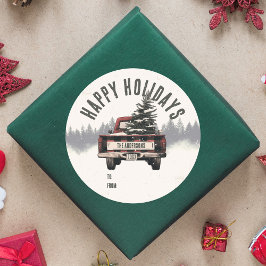 Retro Karierter Weihnachtswagen Kundenname Runder Aufkleber