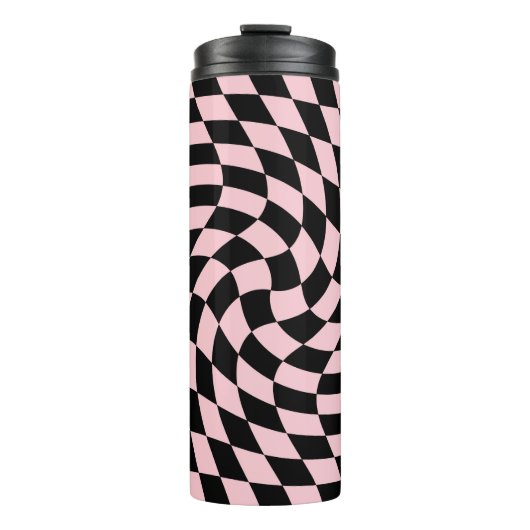 Retro-Karo in schwarz rosa, gepolsterter Pastellfa Thermosbecher (Vorderseite)