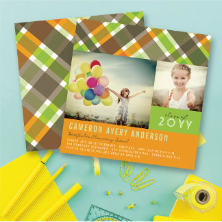 Retro-Karo Kariert Moderne 2-Foto-Graduierungspart Einladung
