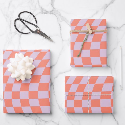 Retro-Karo-Muster Lilac und Orange-Karton Geschenkpapier Set (Vorderseite)