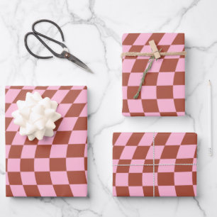 Retro-Karo-Muster rosa und braun Karton Geschenkpapier Set