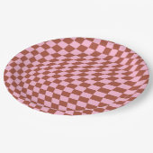 Retro-Karo-Muster rosa und braun Karton Pappteller (Schrägansicht)