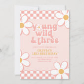 Retro Karo Young Wild Three Pink Daisy Einladung (Vorderseite)