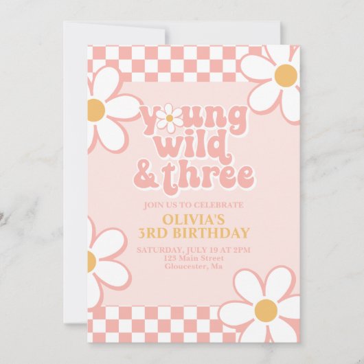Retro Karo Young Wild Three Pink Daisy Einladung (Vorderseite)