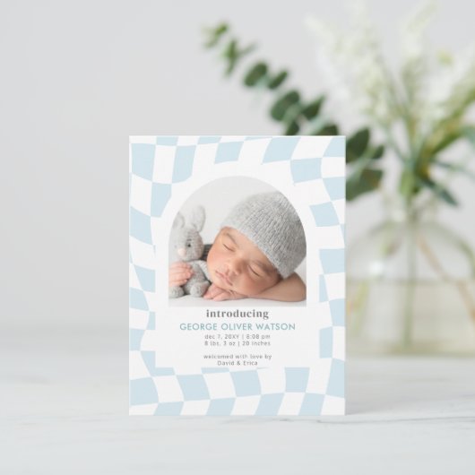 Retro Karos Blue Boy Foto Geburtserklärung Ankündigung (Stehend Vorderseite)