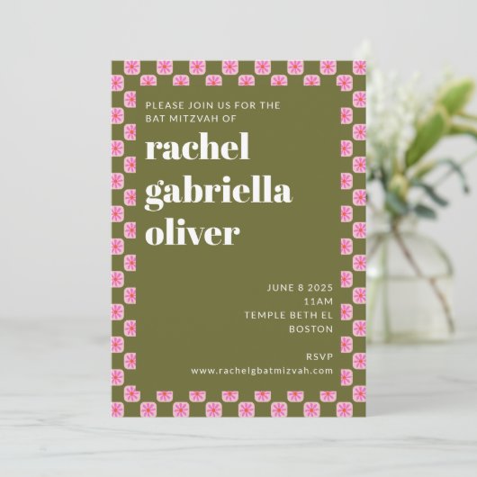 Retro-Karton mit Blumenmuster rosa grüner Bat Mitz Einladung (Stehend Vorderseite)