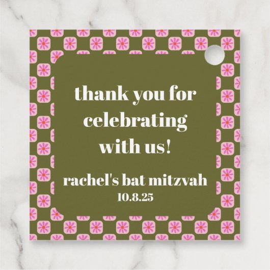 Retro-Karton mit Blumenmuster rosa grüner Bat Mitz Geschenkanhänger (Rückseite)
