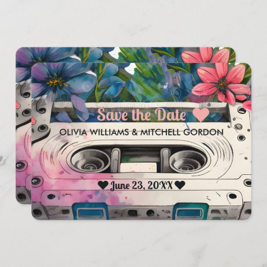 Retro-Kassette | Blumenhochzeit Datum speichern Einladung (Vorne/Hinten)