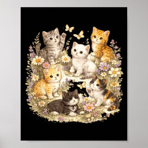 Retro-Kätzchen Vintage-Blumen-Katze Cottagecore-Ka Poster