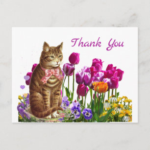 Retro-Katze im Tulpen-Garten Dankeskarten-Postkart Postkarte
