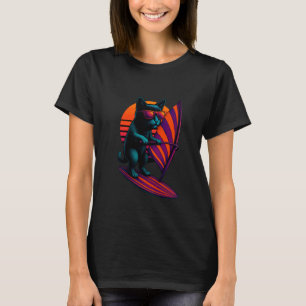 Retro-Katze mit gestreifter Segelwindsurfing-Surfe T-Shirt