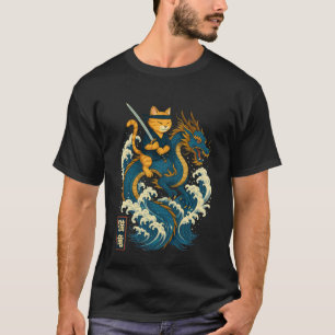 Retro-Katze-Ninja reitet Drachen japanischer Ukiyo T-Shirt