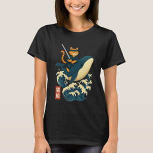 Retro-Katze-Ninja-Reitwal-Japanischer Ukiyo-e Samu T-Shirt