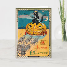 Retro-Katze reitet Kürbis Halloween-Karte