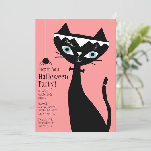 Retro Katze von Frankenstein Halloween-Party laden Einladung (Stehend Vorderseite)