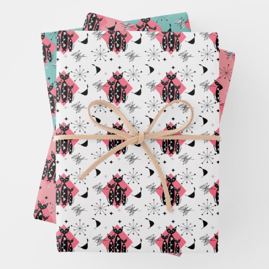 Retro Katzen Atomische Sternexplosion Moderne Mitt Geschenkpapier Set (Beispiel)