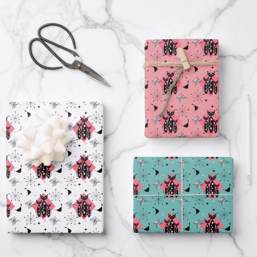 Retro Katzen Atomische Sternexplosion Moderne Mitt Geschenkpapier Set (Vorderseite)