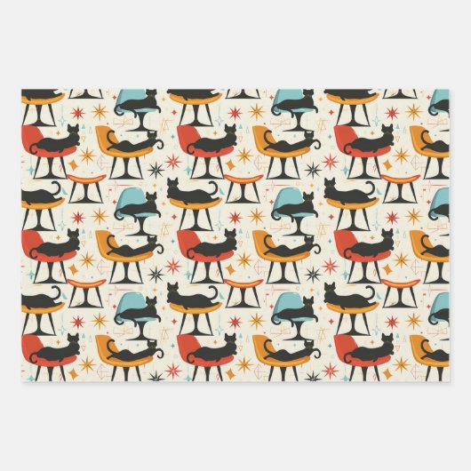 Retro-Katzen auf Stuhlmuster Geschenkpapier Set (Vorderseite 2)