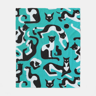 Retro-Katzen-Fleecedecke, Muster aqua schwarz weiß Fleecedecke