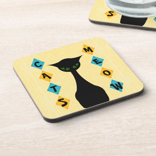 Retro Katzenmeow-Mittler-Jahrhundert-Modernes Gelb Getränkeuntersetzer (Linke Seite)