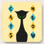 Retro Katzenmeow-Mittler-Jahrhundert-Modernes Gelb Getränkeuntersetzer (Vorderseite)
