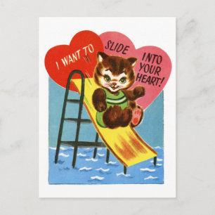 Retro Katzenrutsche ins Herz Valentine Postkarte