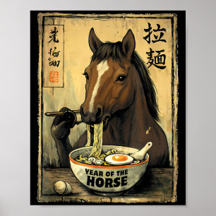 Retro Kawaii Ramen Pferd isst japanische Nudeln Poster