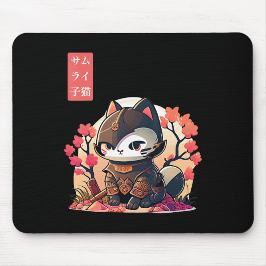Retro Kawaii Samurai Katze mit Cherry Blossom Tree Mousepad (Vorne)