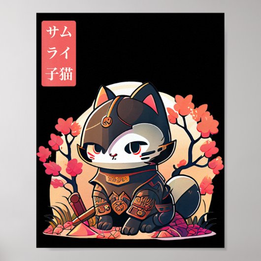 Retro Kawaii Samurai Katze mit Cherry Blossom Tree Poster (Vorne)