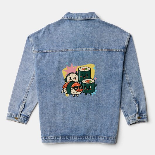 Retro Kawaii Sushi Cute Japanese Food Jeansjacke (Rückseite)