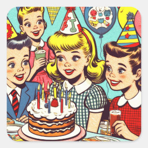 Retro Kids Party Comic Quadratischer Aufkleber