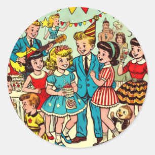 Retro Kids Party Comic Runder Aufkleber