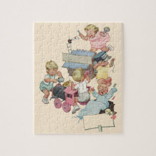 Retro-Kinder, die Spaß beim Spielen mit Spielzeugz Puzzle